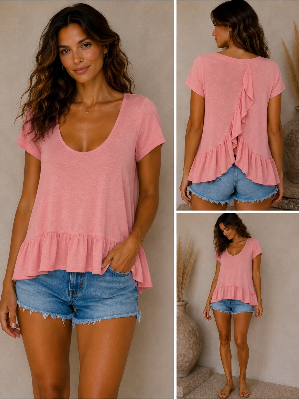 Copper Key Pink Scoop Neck Ruffle Back Tunic